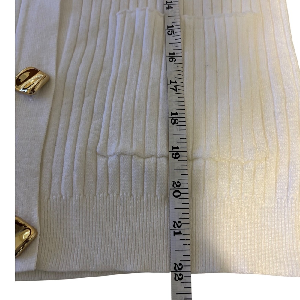 Commense Cardigan Med Off White Ribbed Knit Gold Button Front Crew Neck Sweater - Picture 7 of 7